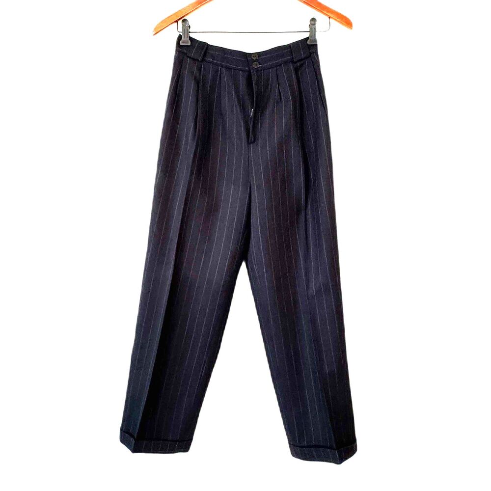 Vintage Giorgio Sant'Angelo 100% Wool Pin Stripe Pants Size 8 Navy Cuffed Lined